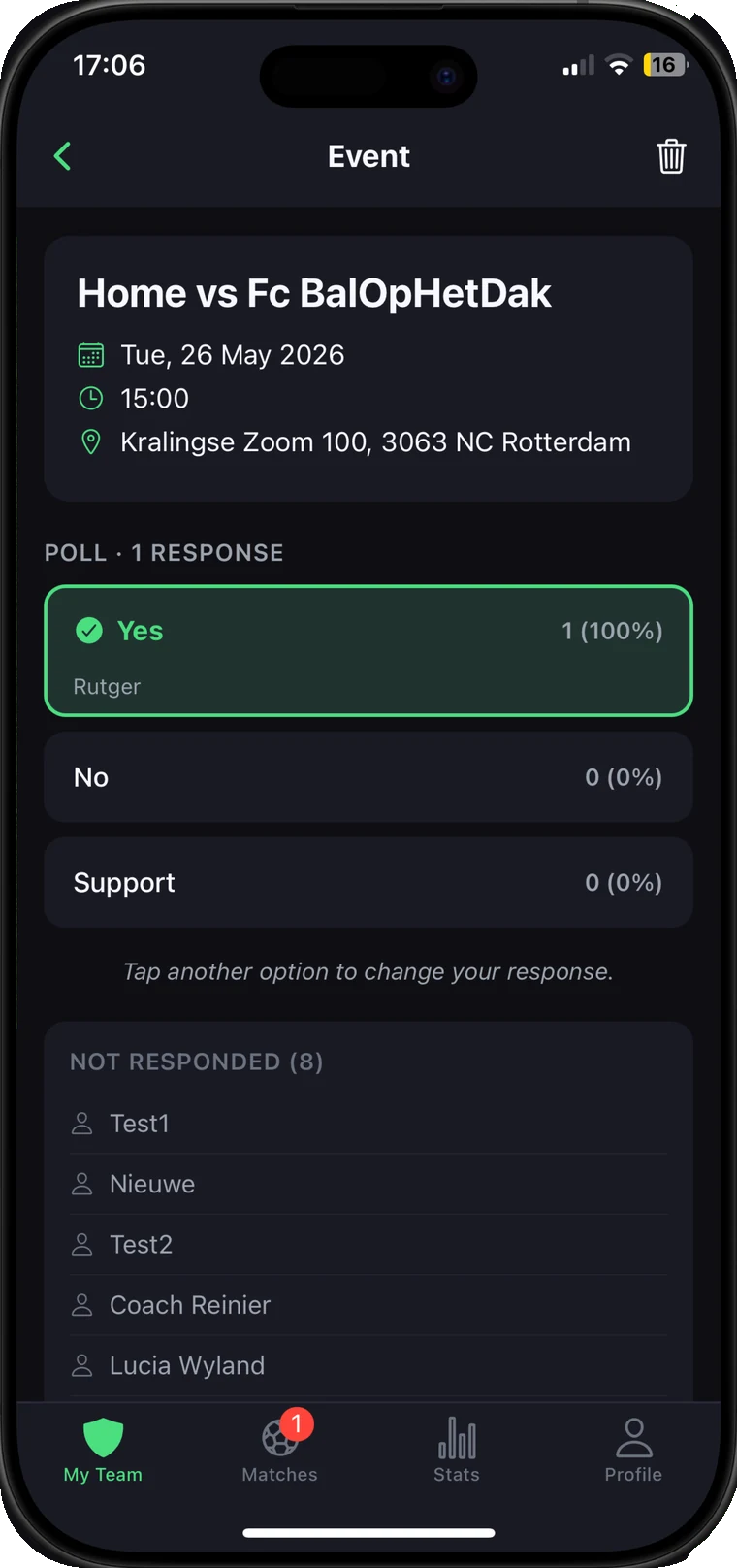 Match event with an availability poll and a list of players who haven't responded
