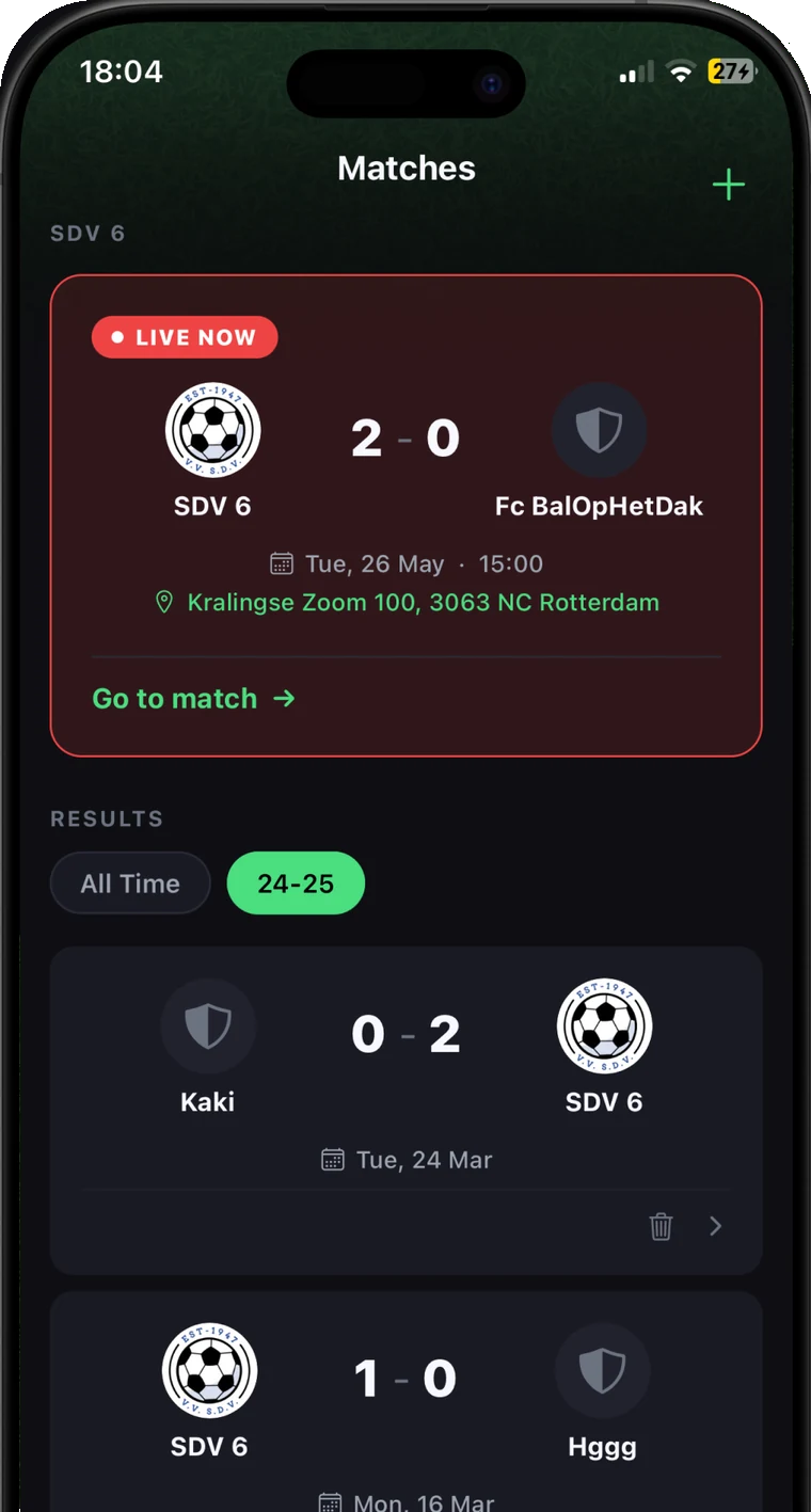 Onside match overview showing a live match and previous results